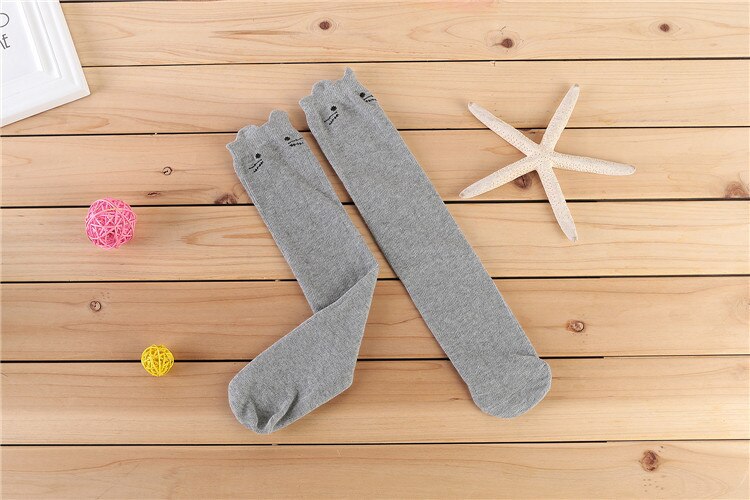 Kid piger sokker børns knæhøje sokker med kat mønster baby benvarmere bomuld prinsesse stil skolepiger lange sokker: Grå