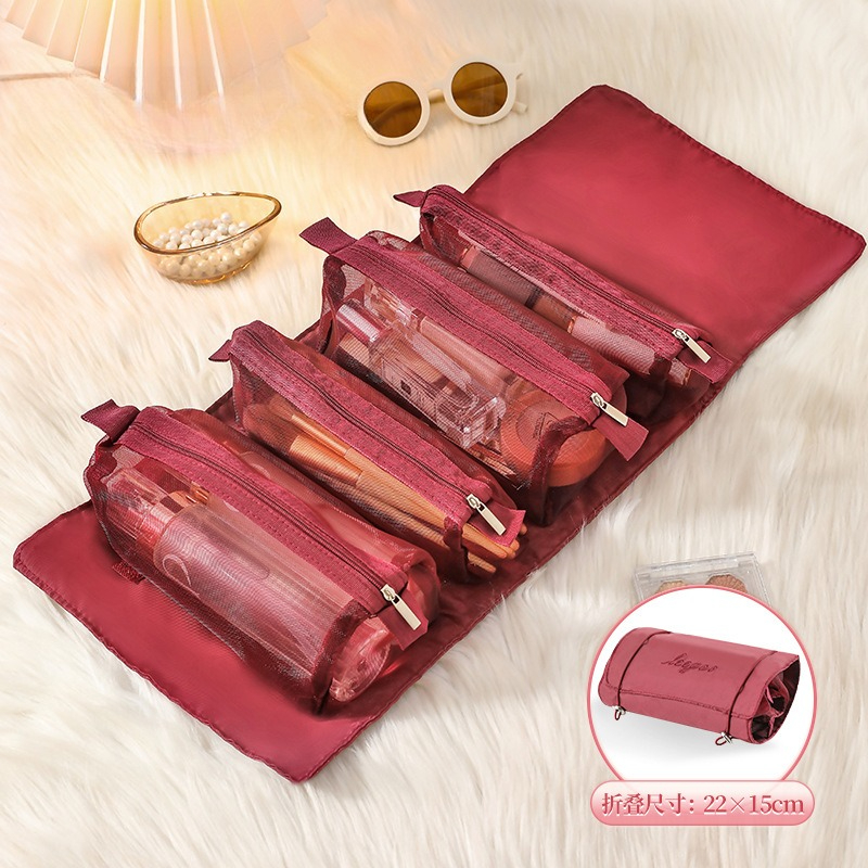 Detachable Cosmetic Bag Portable Large Capacity 4 in 1 Makeup Bags Portable Folding Travel Cosmetics Storage Toiletry Bag: Red