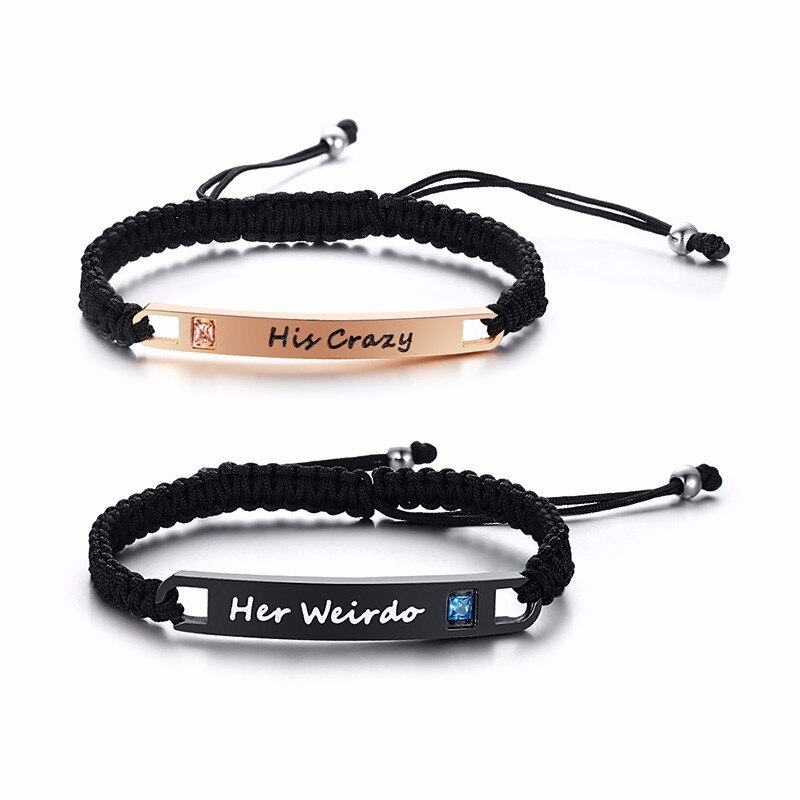 His Crazy Her Weirdo Stainless Steel Tag Couple Bracelet in Black Braided Rope Jewelry