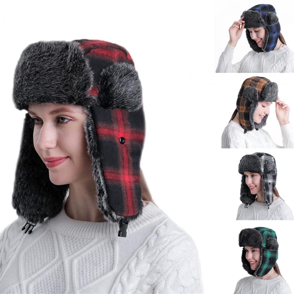 Bomber Hats For Women Men Modern Ear Warmer Thick Winter Lei Feng Plaid Trapper Hat for Cycling Winter Windproof Caps Black