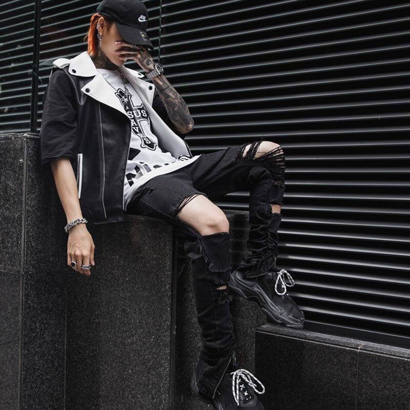 Herfst mannen black ripped jeans met gaten verontruste hip hop punk denim broek heren vintage casual rits skinny jogger jeans