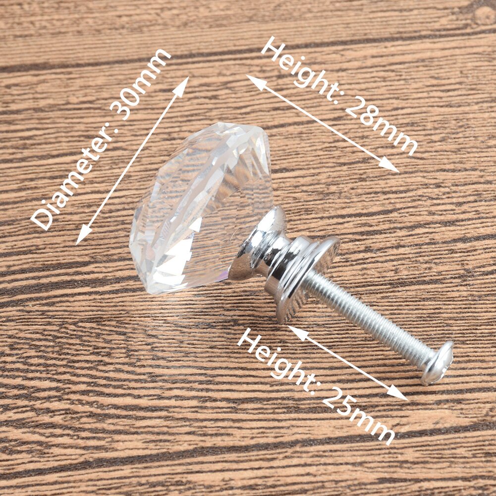 20mm 30mm 40mm forma de diamante design de cristal puxadores de vidro armário de gaveta puxar armário de cozinha porta do guarda-roupa alças de ferragem: 30mm silver base