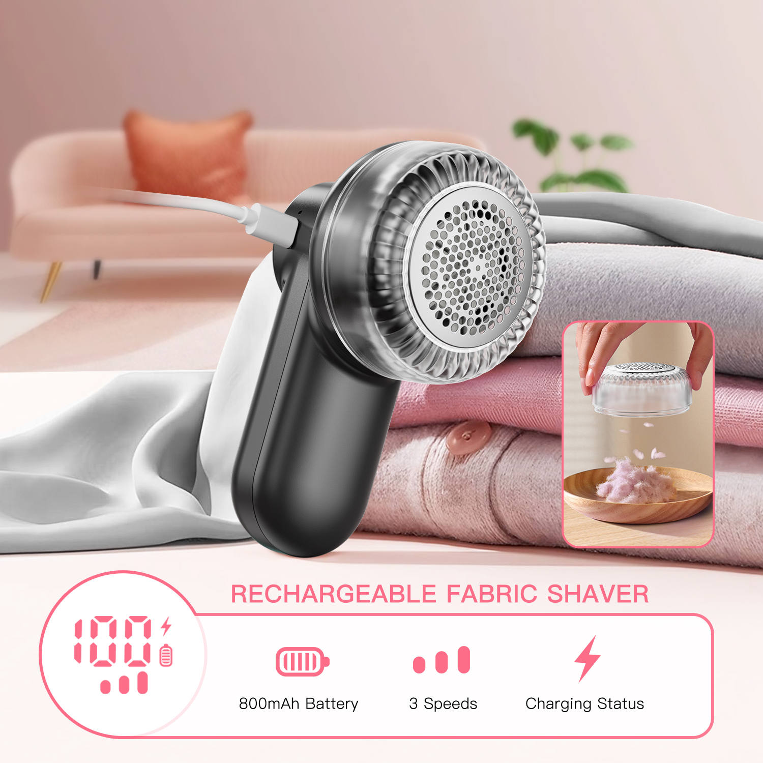 coldSky Rechargeable Lint Shaver with Digital Display Fabric Shaver Sweater Shaver 3-Speeds with 6-Leaf Blades for Clothes Sofa