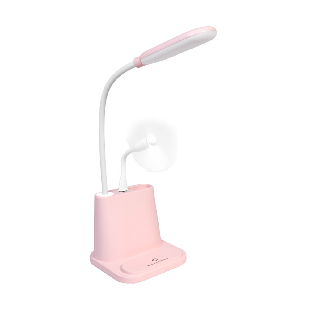 Lampe de bureau à led avec chargeur usb, veilleuse, réveil, thermomètre, calendrier, variateur à 3- niveaux, lampe de table avec porte-stylo et ventilateur: Éventail rose c