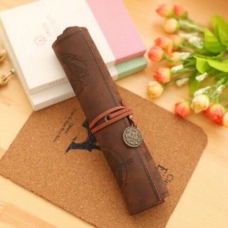 Vintage Pirate Treasure Map Pencil Cases PU Leather Roll Pen Bag Pouch For Stationary School Supplies Make Up Cosmetic Bag: Dark Coffee
