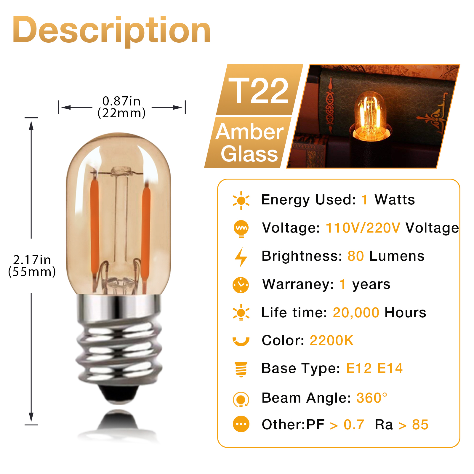 Bombilla de repuesto G40 Led 220V E12 E14 0,5 W 1W 2W S14 C7 T16 lámpara LED luz nocturna de filamento para lámpara de araña: Color blanco cálido / 2 unidades
