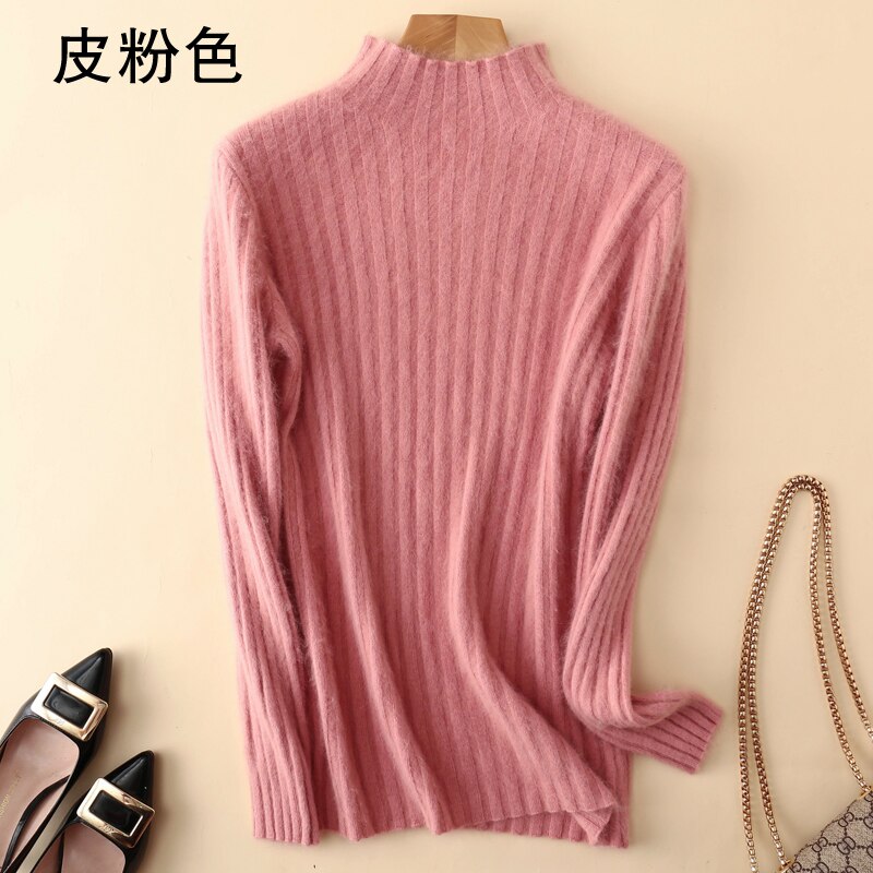 Varm 100%  mink kashmir sweater strikkede pullovere til kvinder vinter høj elasticitet bløde toppe høj krave afslappet basisk dameskjorte: L / Lyserød
