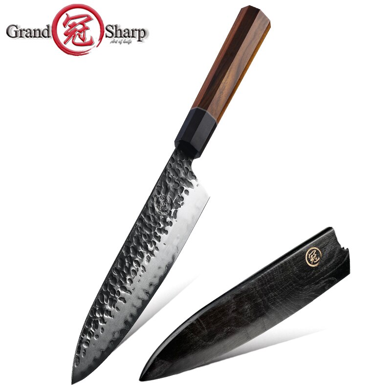Japanese Chef Knives Set 3 Layers AUS-10 Steel Meat Cleaver Salmon Fish Filleting Santoku Knife GRANDSHARP: chef with cover
