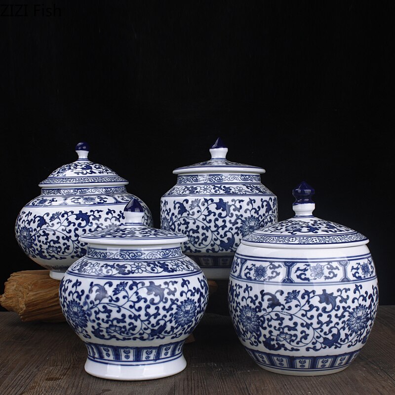 Ceramic Blue White Porcelain Storage Tank with Lid Living Room Entrance Decoration Tea Pot Candy Small Object Family Storage Jar