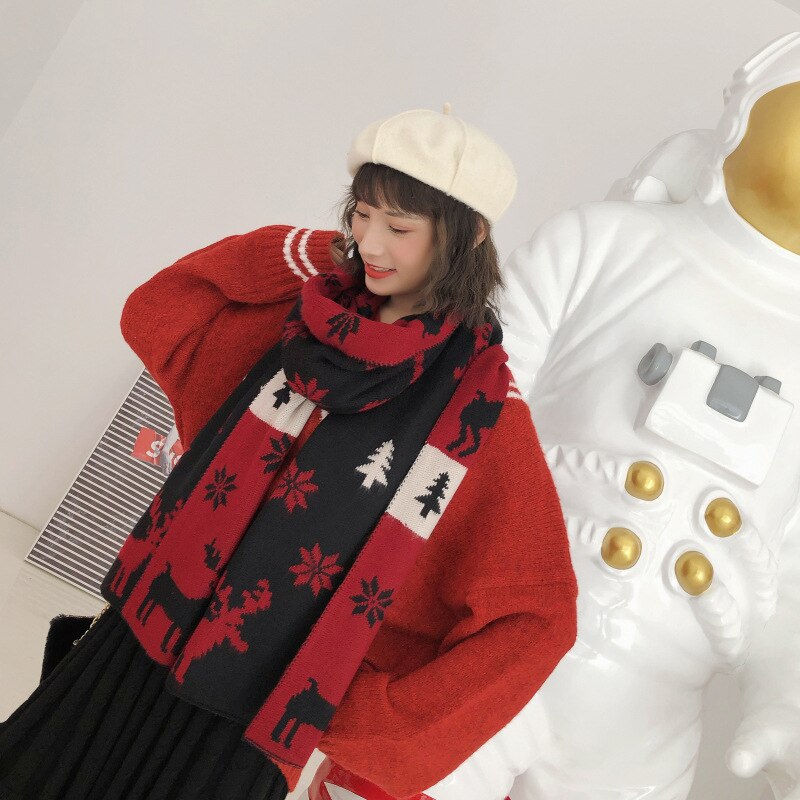 Johnature hiver noël écharpe dessin animé imprimer femmes laine Jacquard 14 couleurs noël femmes écharpes: T01 Black red