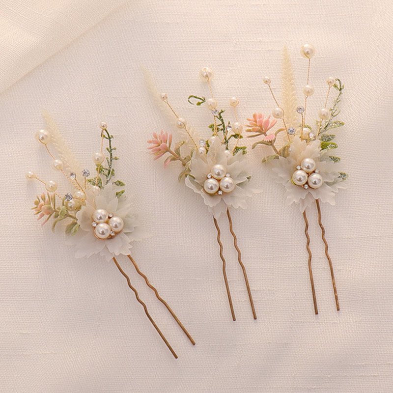 Horquilla en forma de U de flor blanca para mujer, 3 piezas, pinzas para el pelo elegantes, accesorios de joyería para el cabello, adornos para la cabeza de boda: PLATEADO