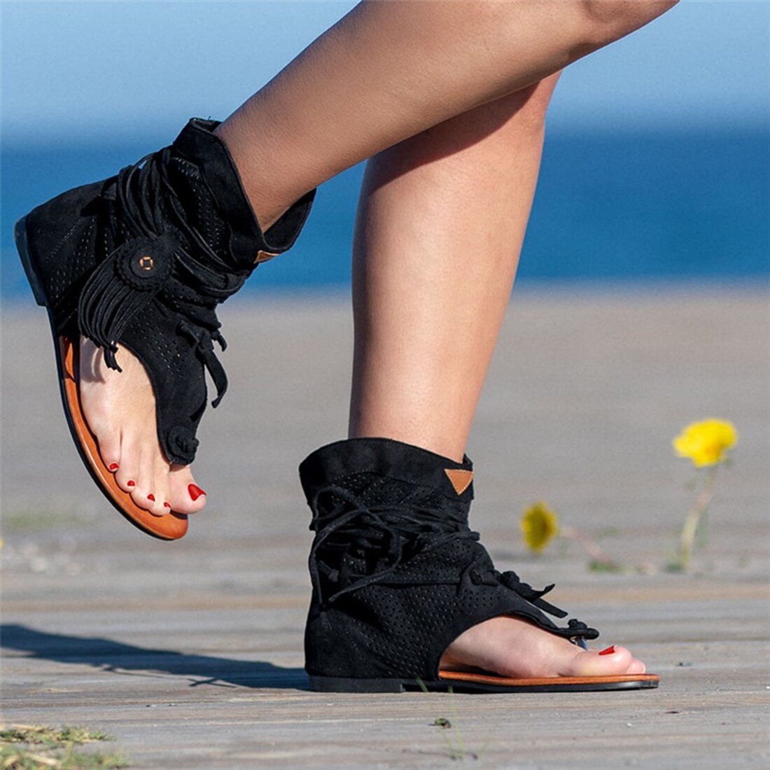 Retro kvast sandaler til kvinde sommer boho flade sko dame snøre strandsko sandalias mujer damesko
