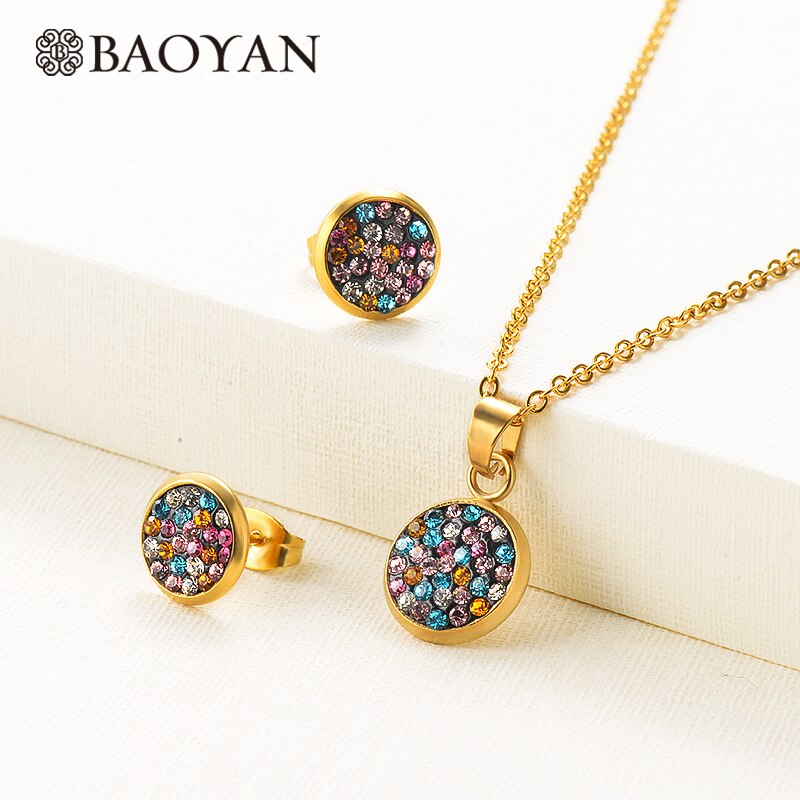 Conjunto de joyas de circón de diamantes de imitación de arco iris de Baoyan conjunto de joyas de boda de corazón redondo juego de juegos de joyas para mujer de acero inoxidable chapado en oro: Round