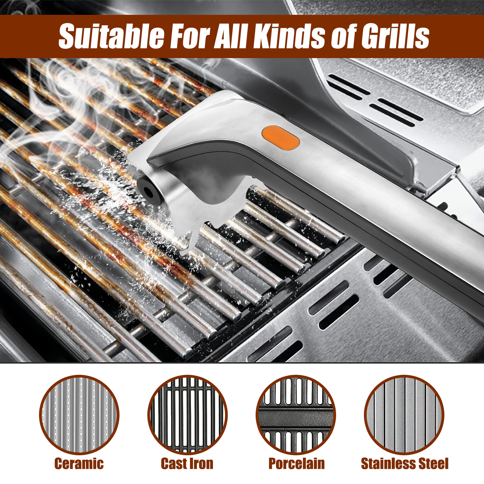Brosse électrique pour gril, nettoyage à vapeur d'extérieur, nettoyeur de barbecue adapté au grattoir à charbon de bois, accessoires à gaz, outils de cuisine