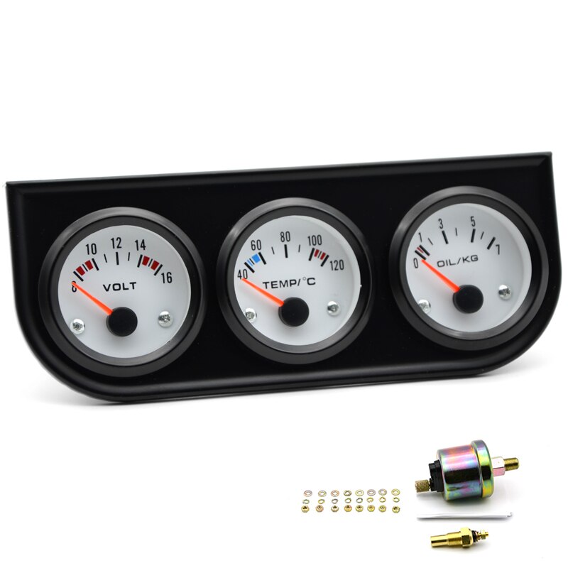 Vand temp olietryk volt gauge 52mm 3 in 1 triple gauge kit sort / krom ramme sort / hvid ansigt med temp & tryk sensor