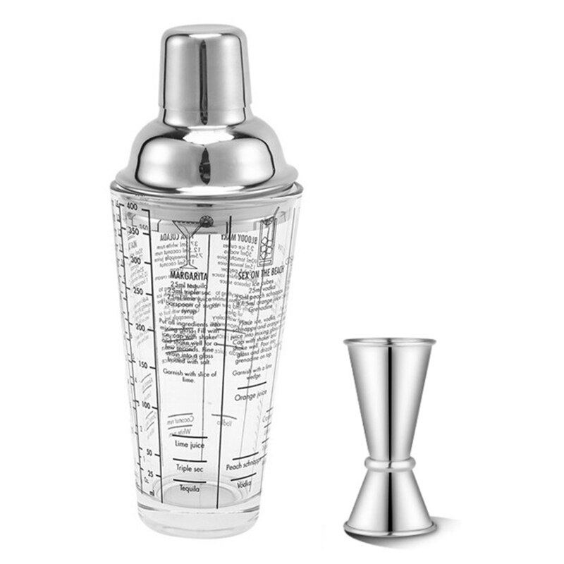 Glass Cocktail Shaker Printed with Recipes,14Oz Martini Shaker with Double Measuring Jigger, Drink Shaker,Bartender Kit: Default Title