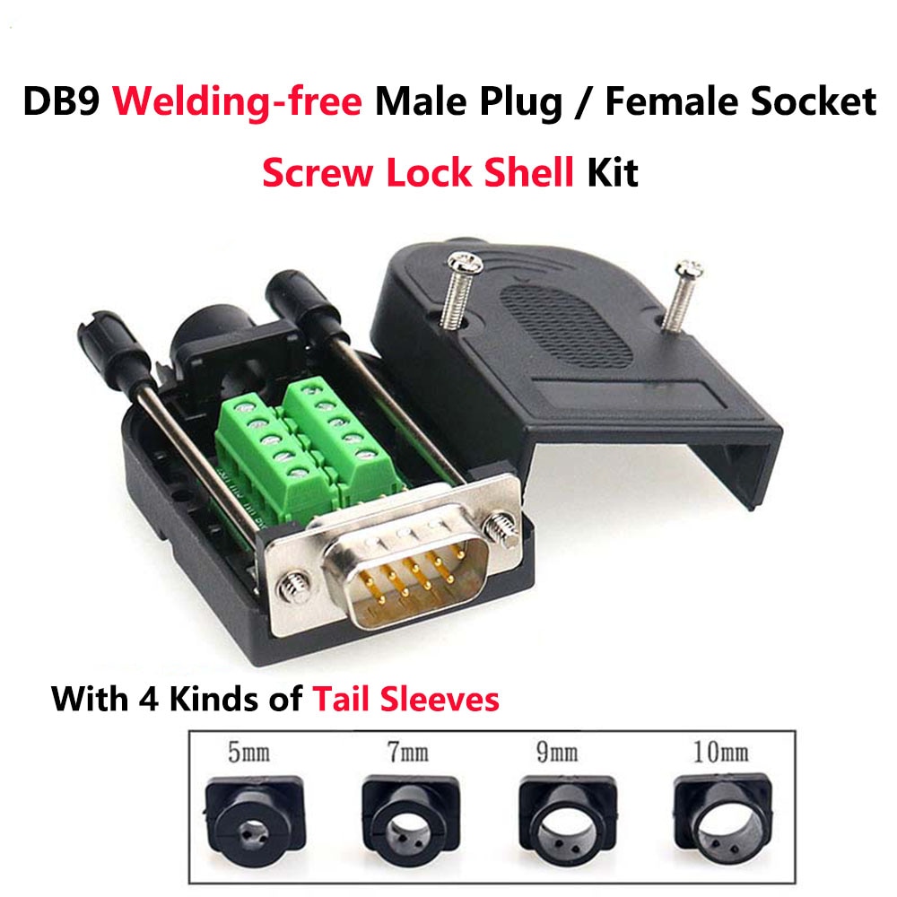 DB9 Welding-free Male Plug Female Socket Screw Lock Shell Kit RS232 9 Pin Serial Port Connector 485 422 Interface D-Sub9 Adapter