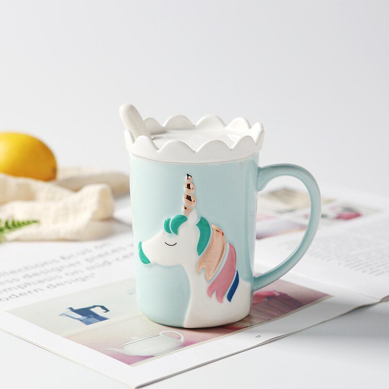 Kreative Bunte Einhorn Tassen Keramik Frühstück Milch Wasser Becher Küche Büro Drink Porzellan Kaffee Tassen Mit Deckel & Löffel: Blau