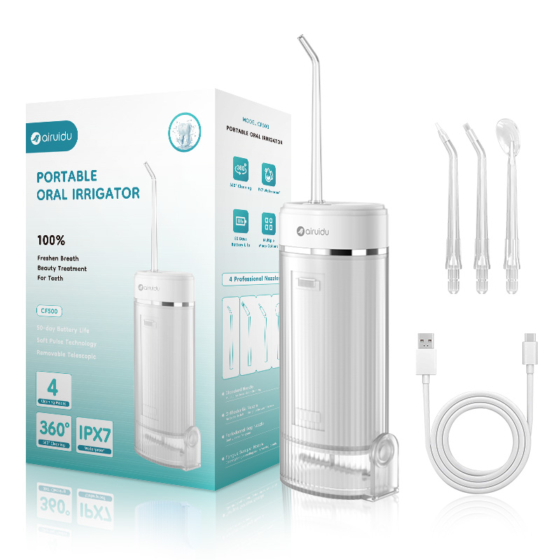 Tragbare intelligente elektrische Munddusche, Wasserflosser, 4 Düsen, 4 Modi, wiederaufladbar, Zahn-Wasserstrahl-Irrigator, Zahnreiniger: Weiß