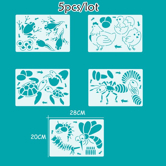 Animal Life Cycle Drawing Stencil Chicken Turtle Ant Frog Mosquito Butterfly Ladybug Model Art Painting Template Educational Toy: 5pcs Stencils