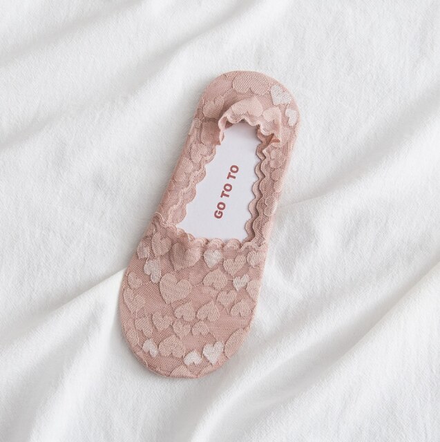 Liefde Onzichtbare Non-Show Boot Sokken Modieuze Slanke Enkelsokken Dames Katoen Onderkant Kant Jacquard Sokken Meisjes Casual Breatha: Pink