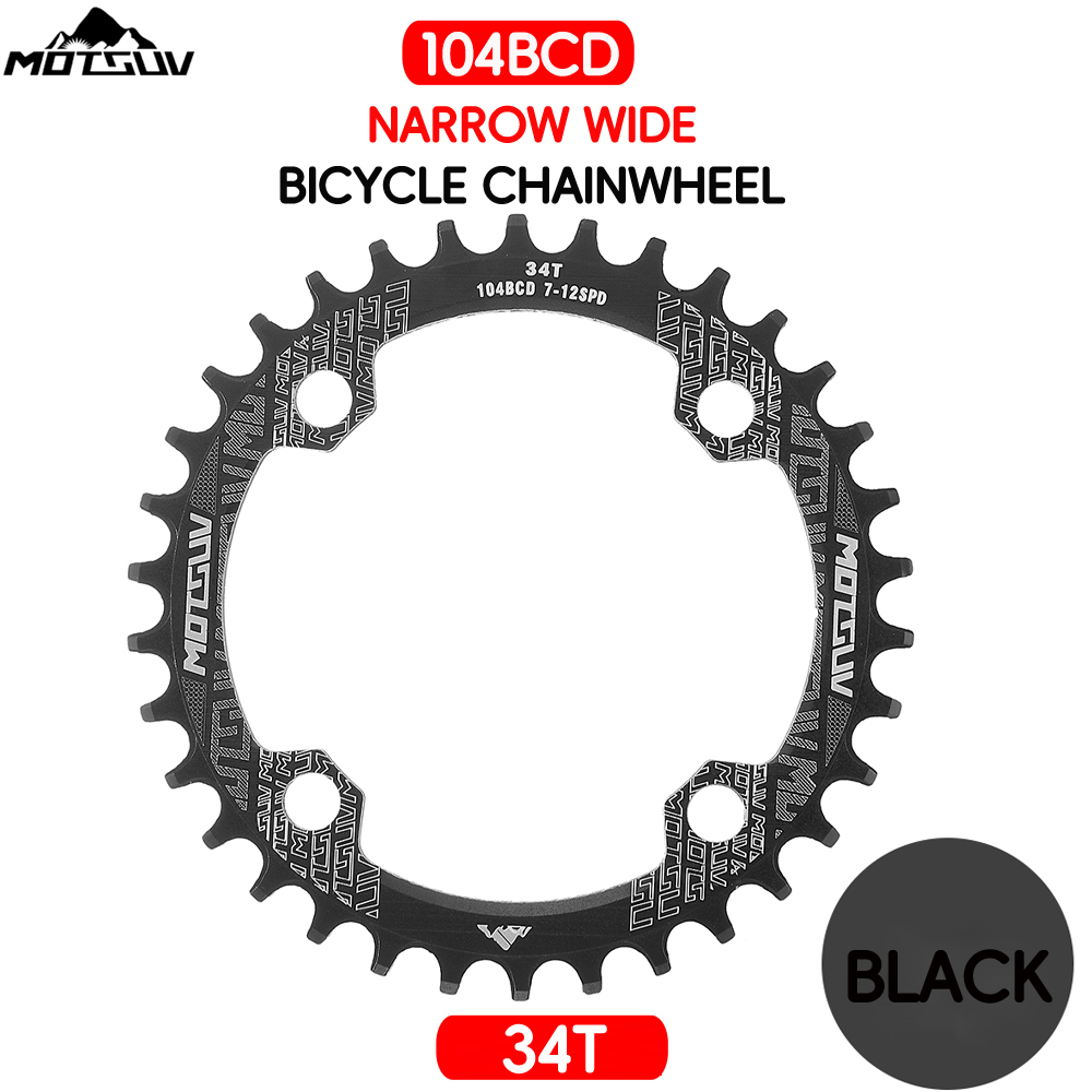 Manivela redonda para bicicleta, rueda de cadena angosta y ancha de placa única con forma redonda MTB 104BCD, 32T/34T/36T/38T: Black Round 34T