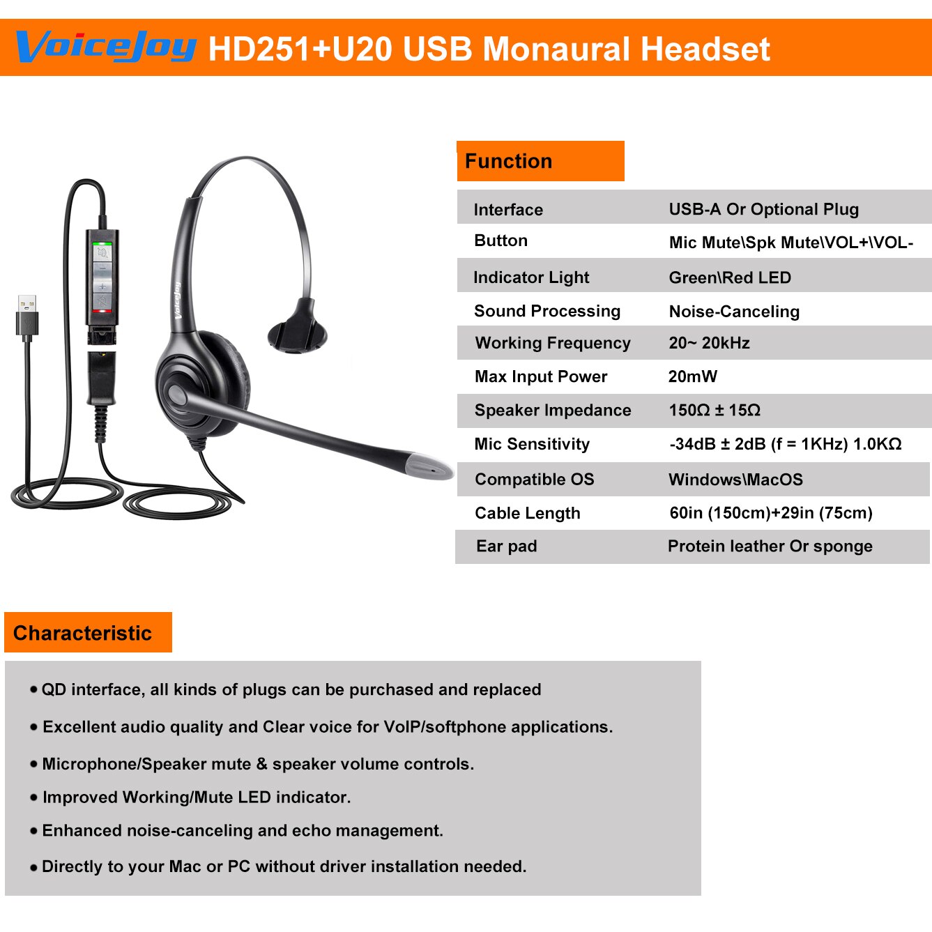 Wtyczka USB przewodowe słuchawki do laptopa, komputera, komputera, zestawu słuchawkowego z redukcją szumów Call Center, kompatybilny z Plantronics QD