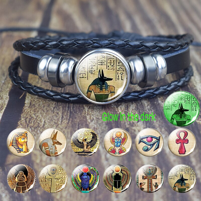 Pulsera de Ankh egipcio que brilla en la oscuridad, brazalete Punk Vintage Antiguo Egipto Anubis Scarab diosa, pulseras multicapa, joyería de amuleto