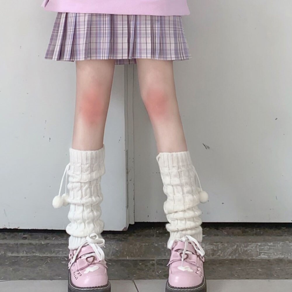 Lolita japonesa-Calentadores de piernas para niña, Bola de lana tejida, cubierta para pies, calentador de piernas, calcetines, Otoño e Invierno