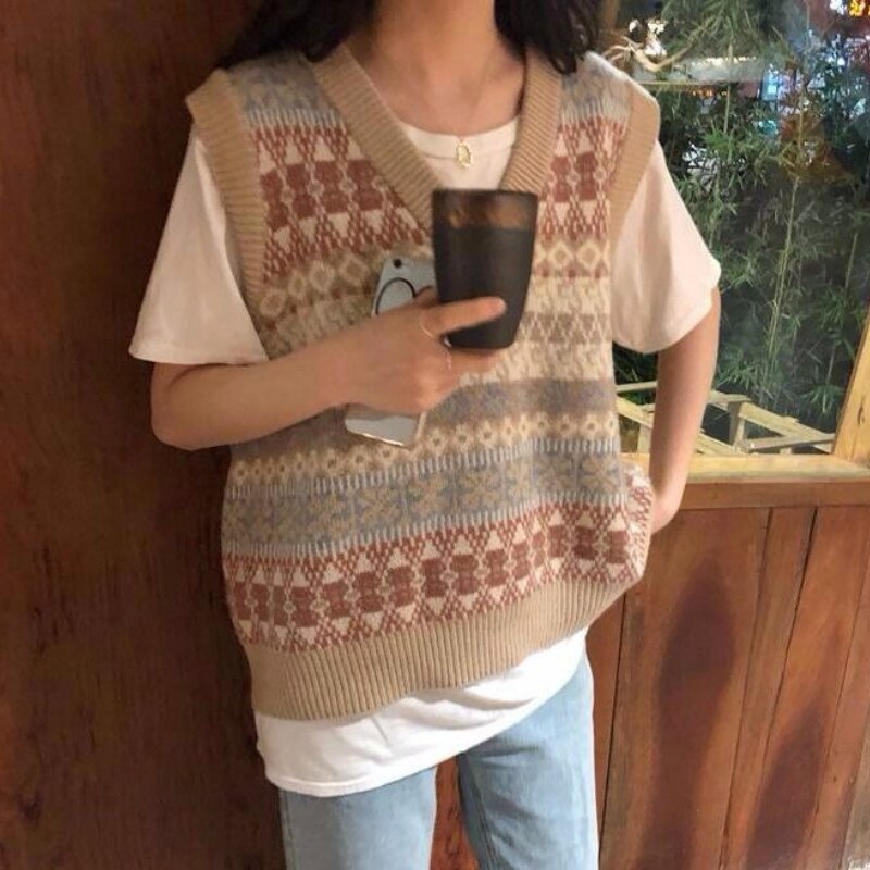 Tröja väst dam chic geometrisk retro v-ringad preppy höst tonåringar ärmlösa stickade plagg mjuk snygg harajuku trendig dam