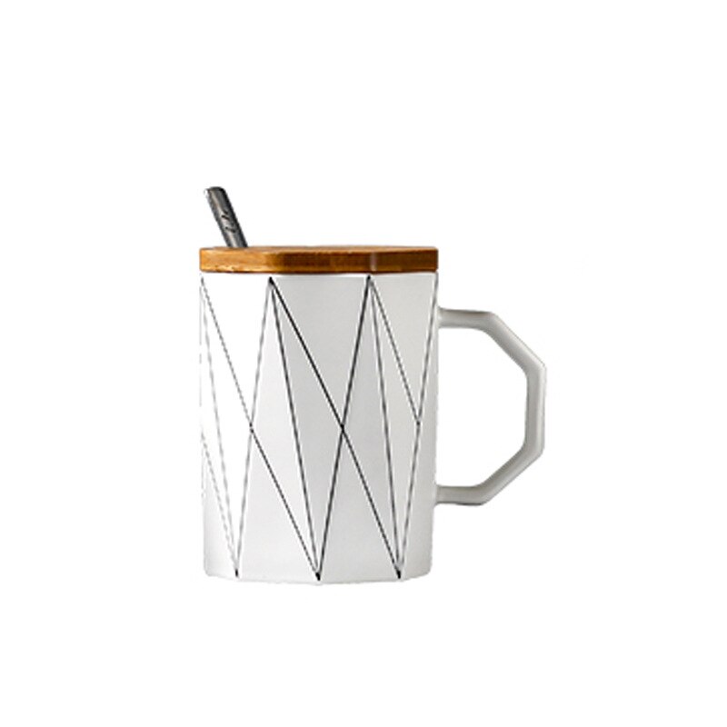 Taza geométrica mate creativa con tapa de bambú, cuchara de metal, tazas de cerámica de línea, para microondas Vaso de Leche, artículos para beber para el hogar y la Oficina, 400ml: 01