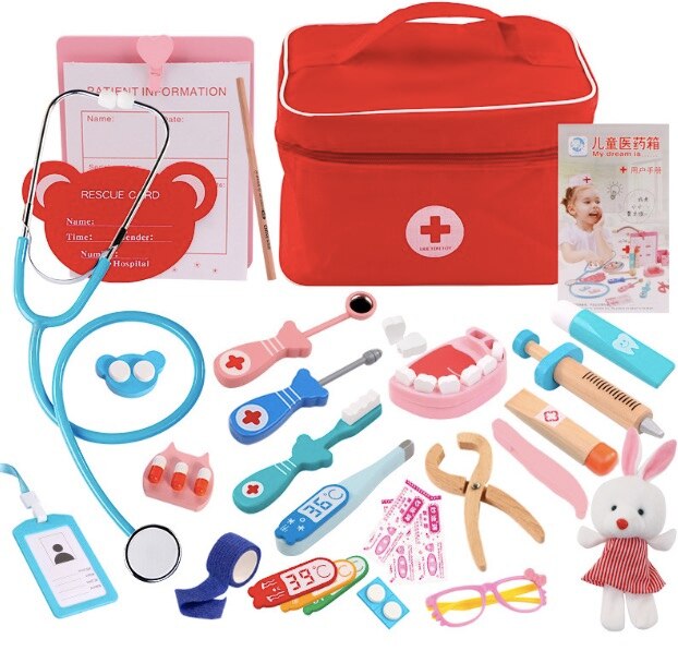 Pretend doctor nurse play toy wooden role play set Durable Nurse Injection Tool Wooden Simulation Medicine Box Study Case: C