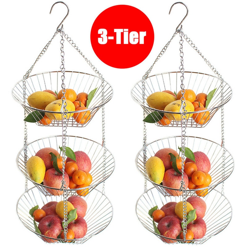 1pc 3 Tiered Hanging Fruit Baskets - Adjustable Chrome Wire Produce Storage Bowls
