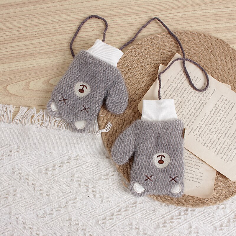 Girl Gloves Korean-Style Cartoon Bear Rabbit Children's Knitted Winter Warm Baby Halter Knitting Wool Gloves 2-6T: AH2754 grey