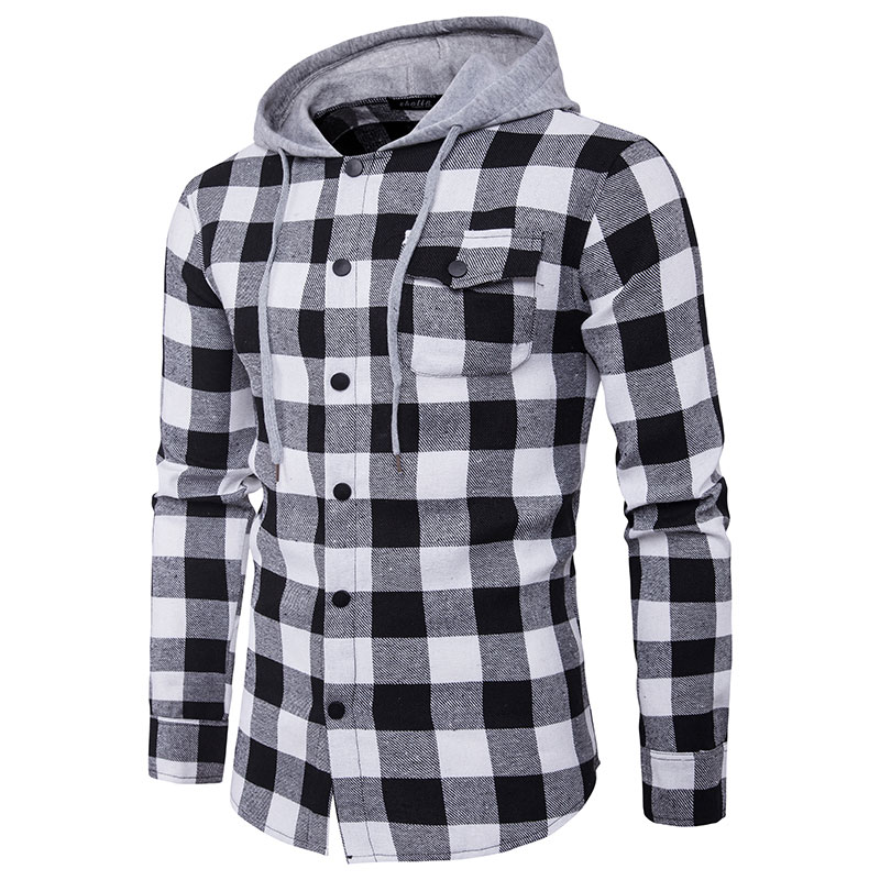 Camisa con capucha a cuadros para hombre, ropa de manga larga, ajustada e informal, con bolsillos y botones en la parte delantera, color rojo y negro, 2XL