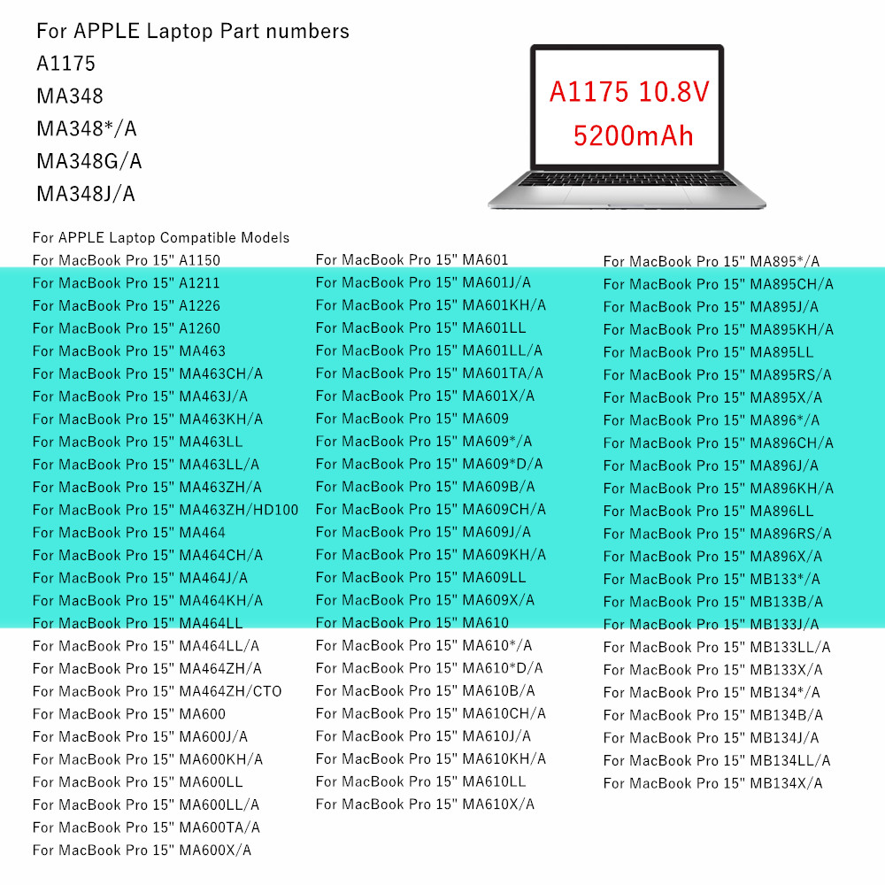 5200mAh Laptop battery For Apple MacBook Pro 15" A1150 A1211 A1226 A1260 MA463 MA464 MA600 MA601 MA609 MA610 A1175 MA348