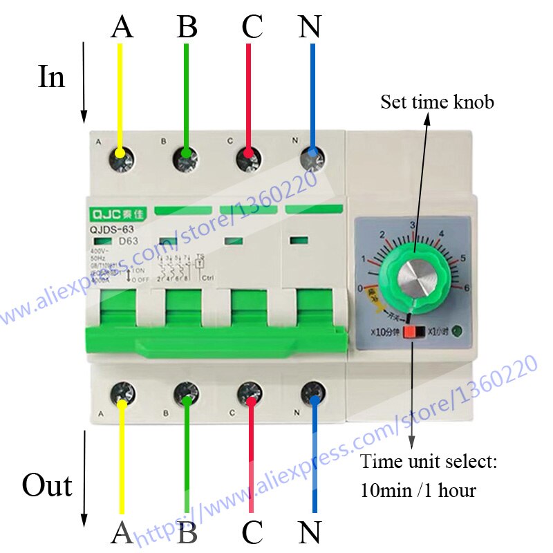 3 phase 4 wire 380V 32A,63A overload protect circuit breaker with timer function 0-60min 0-6h din type 380V timer switch