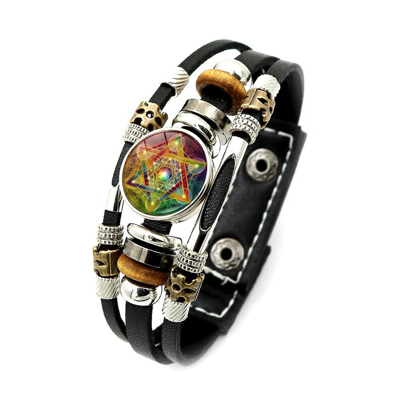 Mysterieuze Metatron Cube Vintage Armband Heilige Geometrie Bloem Van Leven Drukknoop Multilayer Punk Lederen Armband: Style-3