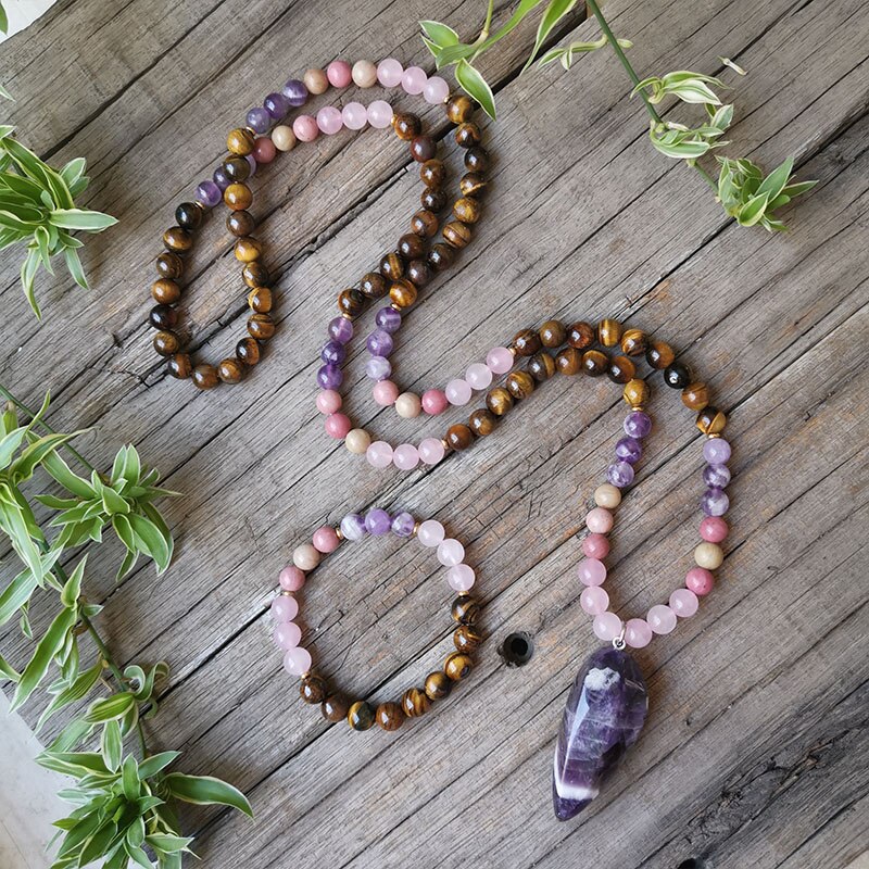 8mm Natural Stone Beads,Tigers Eye Pendant Necklace,Amethyst,Charming Bracelet,Spiritual Power Jewelry,108 Mala Beads: Dark gold