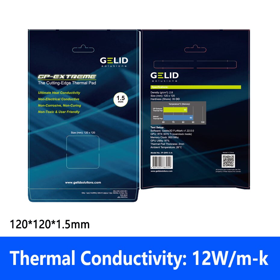GELID TP-GP02 120x120x0.5 1.0 1.5mm the Cutting-Edge Thermal grease Pad 12W/mK for GPU/RAM/Motherborad/SSD cooling Original pad: 120x120x1.5mm