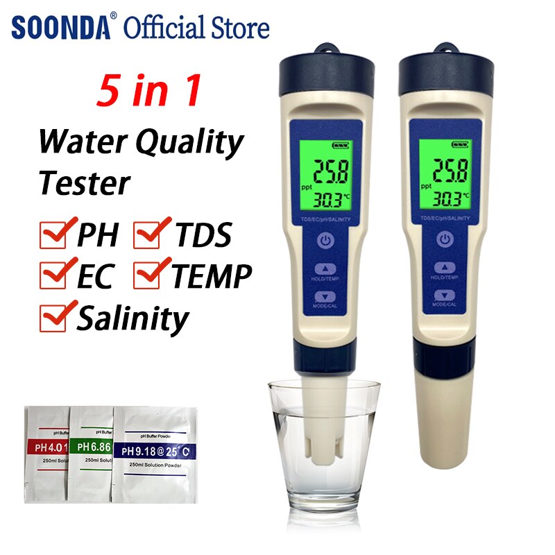5 in 1 Water Detection Tester PH/TDS/EC/Temp/Salinity Meter PH Meter Tester TDS Pen for Drinking Water With Backlight