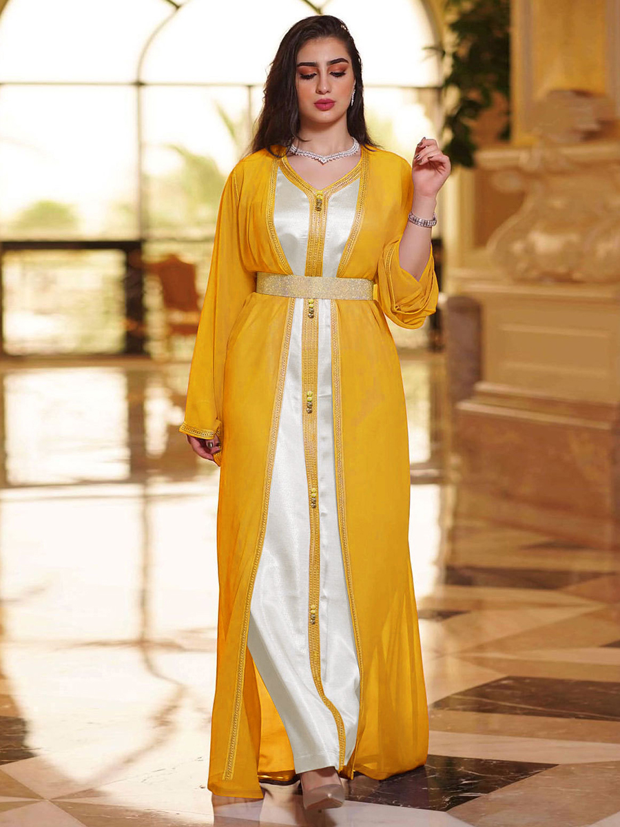 Twee Stukken Abaya Set Vrouwen Vest Lange Jurk Met Chiffon Bovenkleding Mubarak Eid Moslim Marokkaanse Caftan Arabische Oman Dubai Jalabiya: L / YELLOW