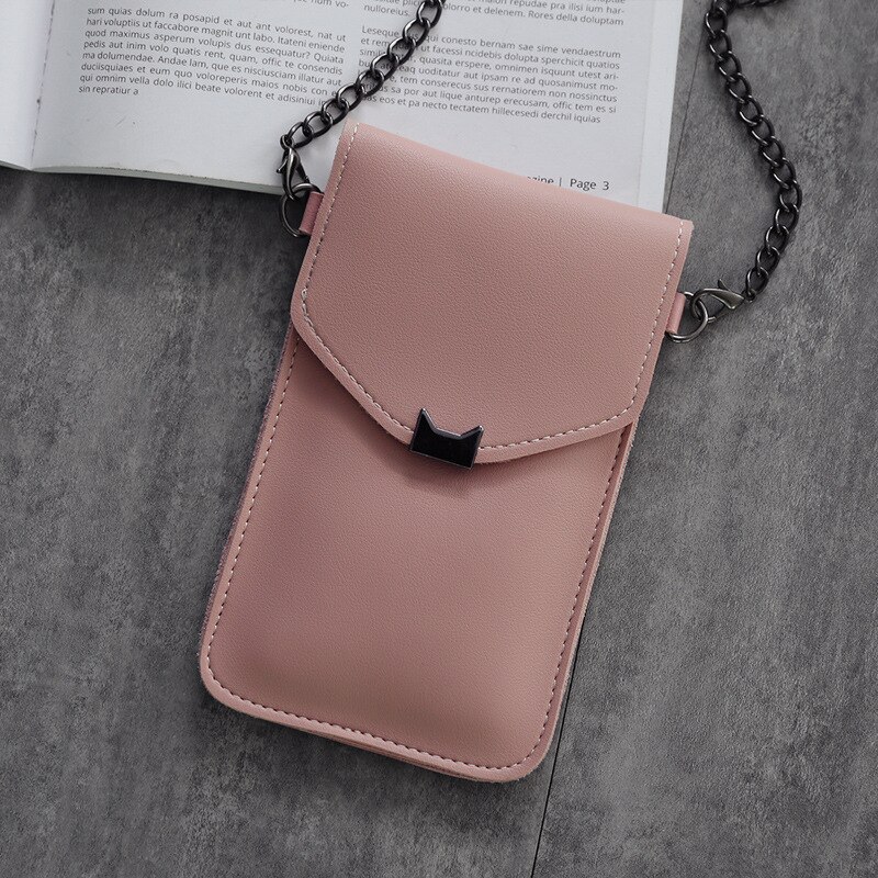 Saco do mensageiro da corrente das mulheres da tela de toque transparente da orelha do gato retro simples saco do telefone móvel sacos pequenos da aleta mini bolsa de ombro