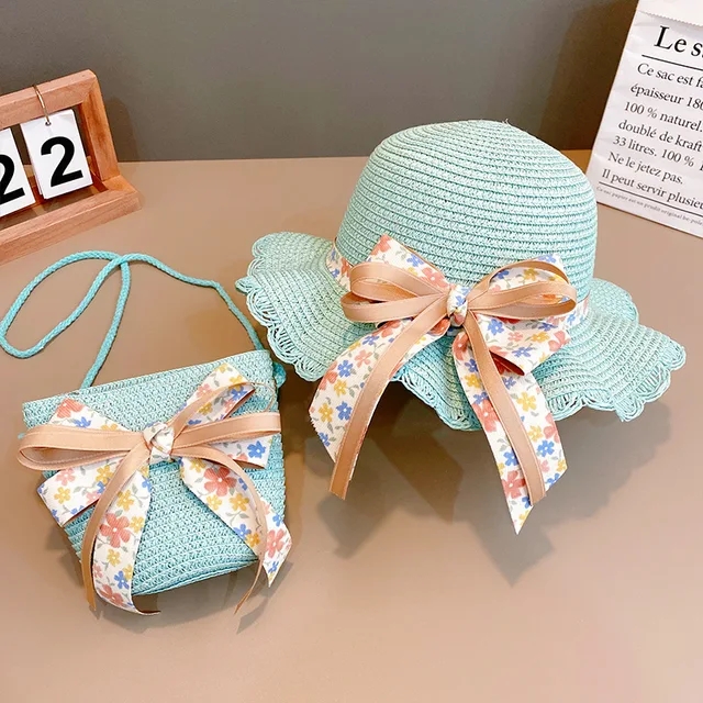 2024 neue Sommer Mädchen Strohhut Set Handtasche neue Blume Sonnenhut Strohhut Sonnenhut Kinder Mädchen Baby Strohhut Sombrero Sunset: Brown
