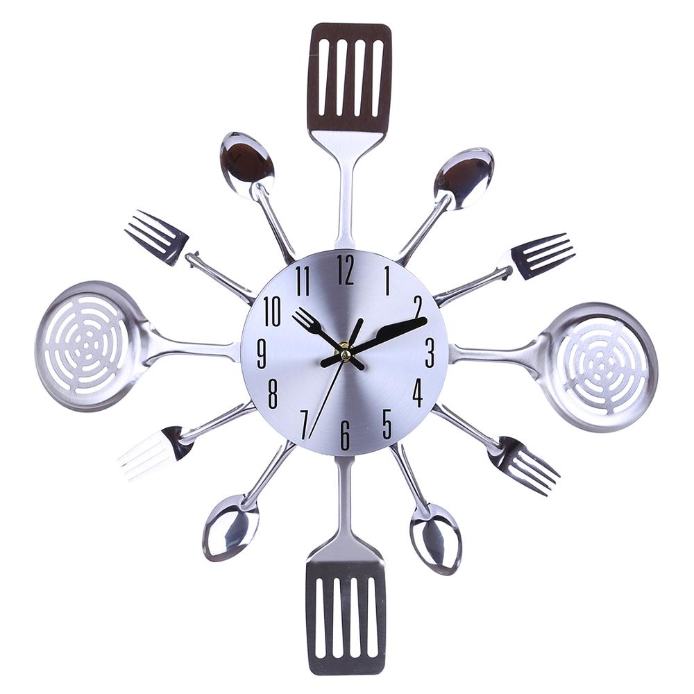 Homingdeco Kitchen Wall Clock 3D Unique Mute Kitchen Utensils Toned Forks Spoons Spatulas Wall Clock - Silver: Default Title