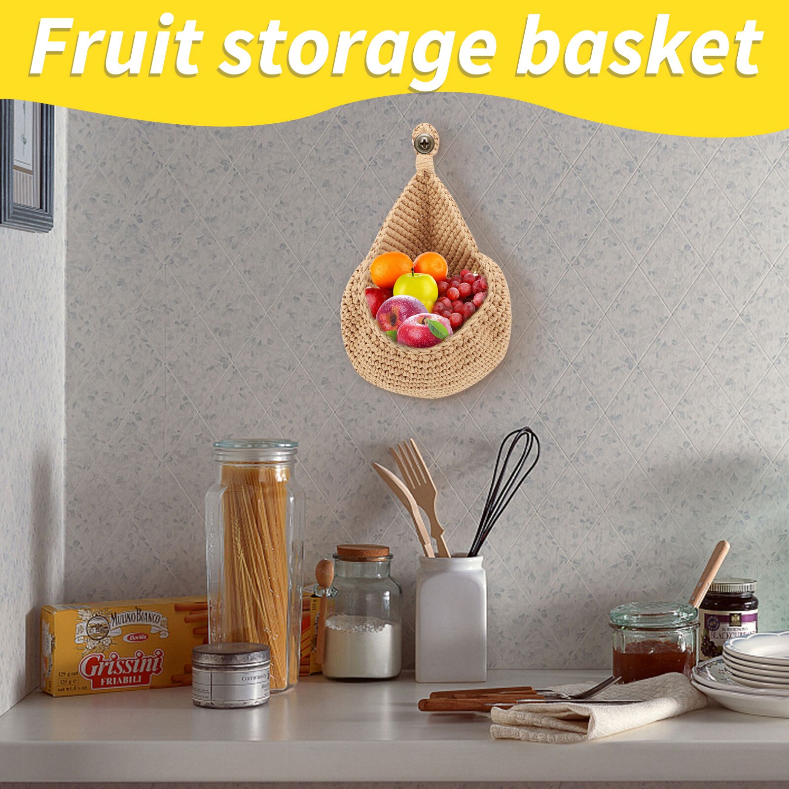 Panier à légumes et fruits suspendu au mur, panier à fruits tissé en osier naturel, Table de cuisine, panier de rangement suspendu au mur, étagère sèche