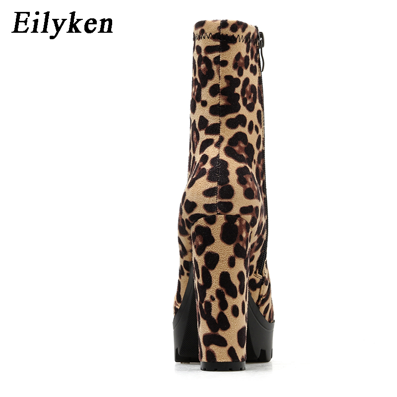 Eilyken leopard stövlar för kvinnor tjocka klackar höst vinter flock platåskor höga klackar dragkedja dam boots