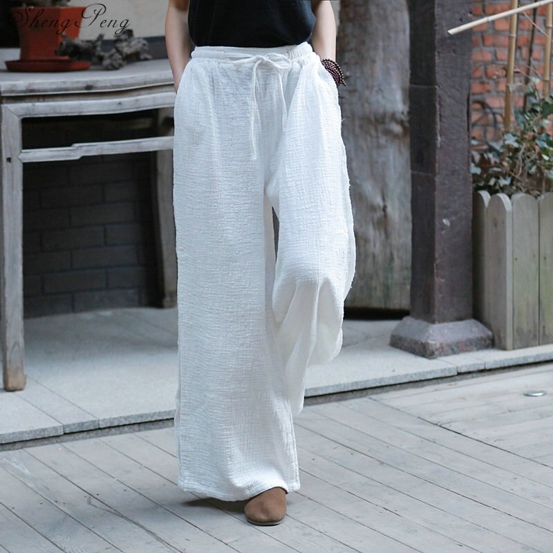 Pantalones de pierna ancha de mujer cintura elástica otoño pantalón de lino Mujer Pantalones sueltos Casual Vintage V1569