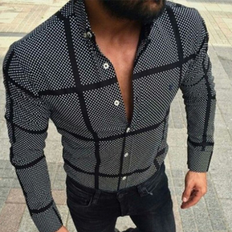 Men's Spring/Fall Plus-Size S-3XL Casual Loose Hip-Hop Trend Black Checkered Print Long Sleeve Cardigan Shirt