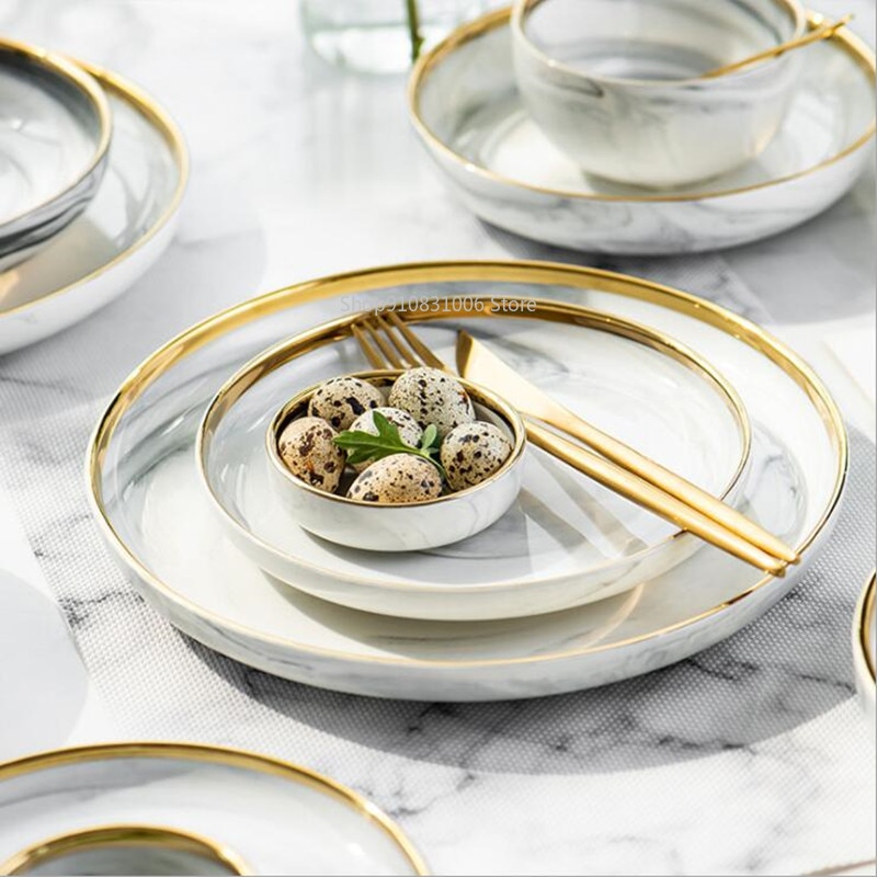 Golden marble plate set ceramic kitchen utensils salad noodle bowl soup dinner set plates and dishes ceramic bowl